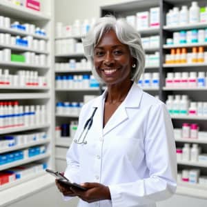 Smiling Elderly Black Pharmacist in Pharmacy