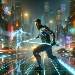 Futuristic Swordsman in High-Tech Suit | Urban Digital Art