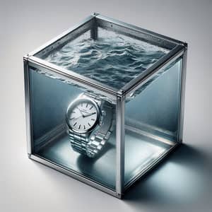 Metal and Glass Box with Water and Wristwatch