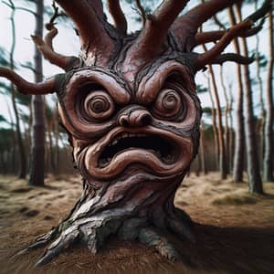 Angry Tree with Knotted Bark Face in Windstorm