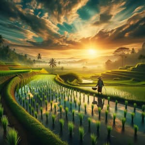 Serene Beauty of Lush Green Rice Fields at Dawn