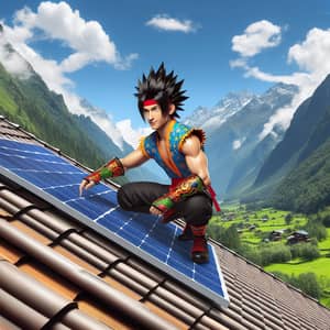 Fictional Character Installing Solar Panel on Mountain Roof