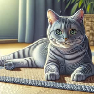 Silver Grey Domestic Cat Resting on Woven Mat