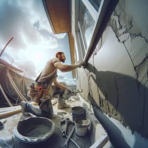 Gritty Construction Scene: House Exterior Plastering