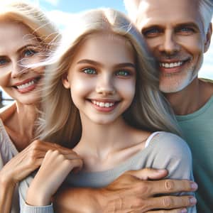 Joyful Family Moment: Green-Eyed Girl with White Hair Embraced by Loving Parents