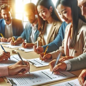 Diverse Group Engaged in Customer Survey | Participants Marking Feedback Forms