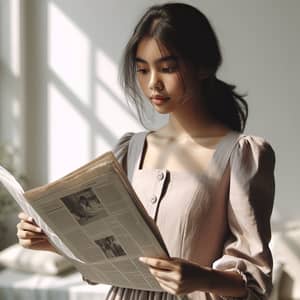 Young South Asian Girl Engrossed in Newspaper in Sunlit Room