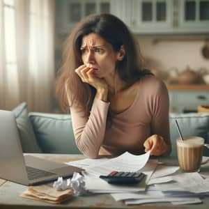 Anxious Middle-Eastern Woman Making a Decision at Kitchen Table