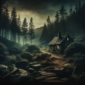 Fantasy Dark Forest Scene with Dilapidated Cabin | Magic Atmosphere