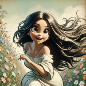 Hispanic Woman Running in Flowery Meadow | Anime-Style Art