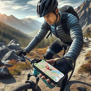 Mountain Bike Rider Using Mobile GPS App for Navigation