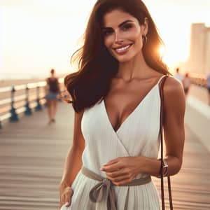 Confident Hispanic Woman Radiating Positivity on Boardwalk