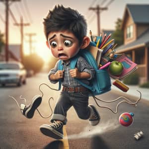 Worried Hispanic Boy Running Late with Untied Shoelaces | Back to School Scene