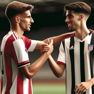 Soccer Players in Red and Black Jerseys Sharing a Sportsmanlike Moment