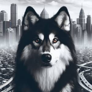 Majestic Black and White Siberian Wolf in Urban Jungle