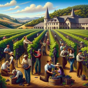 Bountiful Vineyard Scene with Diverse Workers | Winery Harvest