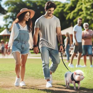 Hispanic Man and Caucasian Woman Walking with Mini Pig in Park