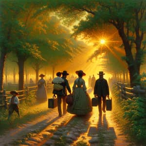 Impressionist Scene of Mid-19th Century Travelers at Sunrise