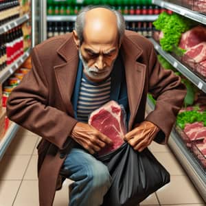 Elderly South Asian Man Picks Up Meat in Grocery Store