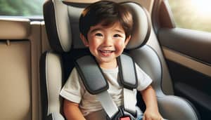 Cheerful Asian Boy in Car Child Safety Seat