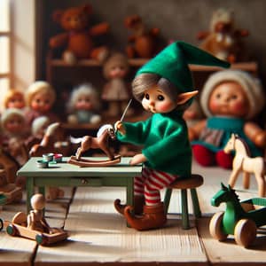 Enchanting Elf Painting Wooden Horse in Workshop