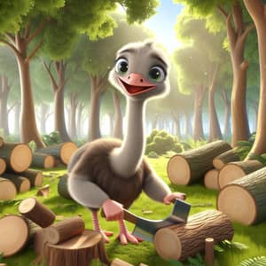 Friendly Ostrich Chopping Wood in Lively Forest | Fun for Kids