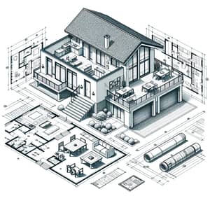 Architectural Blueprint of House with Parking, Living Room, Kitchen, and Bedrooms