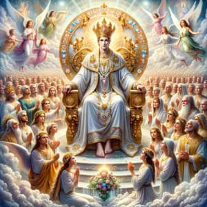 Heavenly Scene with Jesus Christ and Angels in Golden Crown