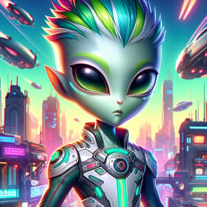 Unique Alien Character in Vibrant Anime Style - Futuristic Suit & Neon Cityscape