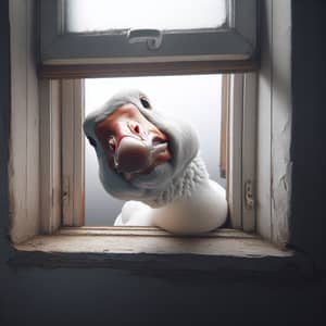 Curious White Goose Peeking Through Open Window