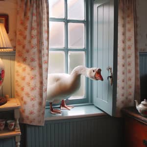 Curious White Goose Peeking Through Window | Vintage Decor Scene