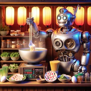 Whimsical Robot at Ramen Jiro Shop Stirring Steaming Broth