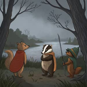 Badger and Squirrel Guardians in a Dark Forest