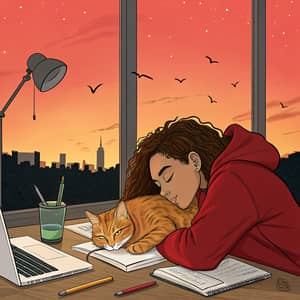 Dreamy Sunset with Sleepy Woman and Cat