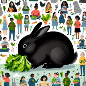 Black Rabbit Eating Lettuce - Crowd of People Watching