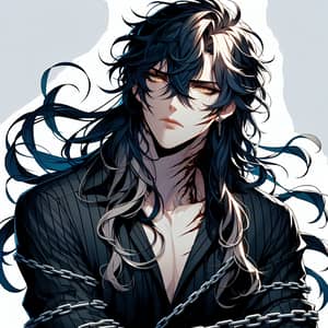 Young Male Anime Character with Long Black and Blue Hair