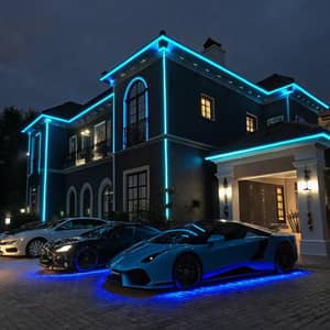 Luxury Black Mansion with Neon Lights