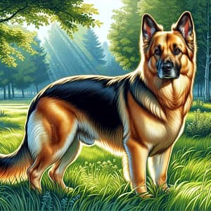 Alert Alsatian Dog in Grassy Field - German Shepherd Illustration