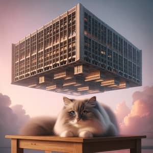 Adorable Cat Under Table with Surreal Building Above