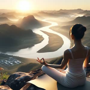 Asian Woman Performing Lotus Pose at Sunrise on Mountaintop