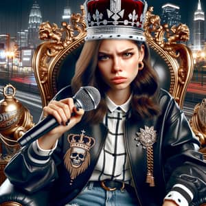 Regal Queen of Rap on Throne with Microphone in City Scene