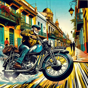 Argentinean Man on Vintage Motorcycle in Colorful Salta Streets