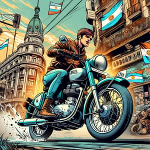 Thrilling Action: Motorcyclist Riding Royal Enfield in Vibrant Comic Book Style