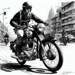 Vintage Hispanic Motorcyclist on Royal Enfield - Urban Street Scene