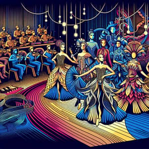 Vibrant Dance Illustration with Elaborate Costumes