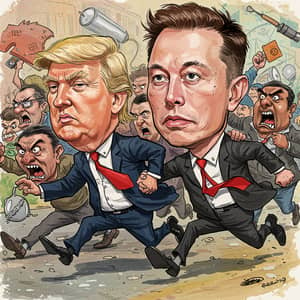 Trump and Musk in Caricature: A Crowd Chases!