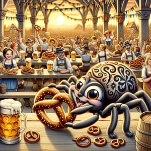 Friendly Cartoon Spider at Oktoberfest with Pretzel and Lederhosen