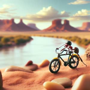 Ant Riding Bicycle in Desert by River