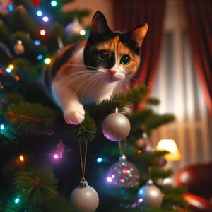 Mischievous Calico Cat on Decorated Christmas Tree