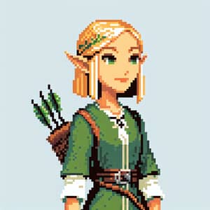 Pixel Art Elf Girl in Green Robe - Bow and Quiver